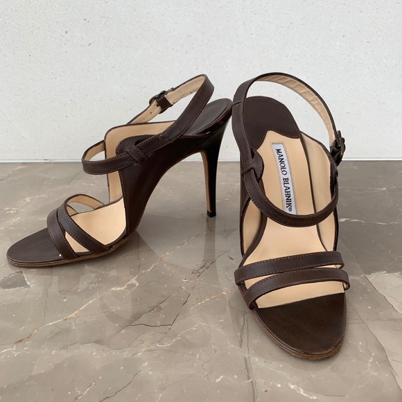 Manolo Blahnik Brown Leather Strappy Sandals, 36.5 - Picture 1 of 14